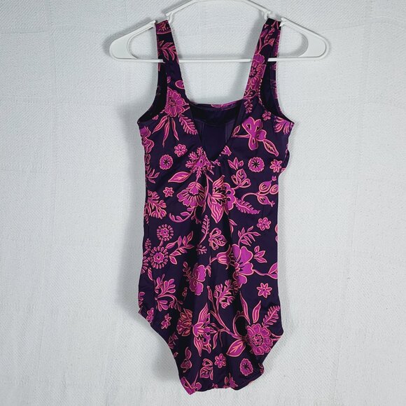 Lands End Purple Pink Floral Nylon Span Poly Scoop Neck One Piece Suit Size 10 - Picture 6 of 16